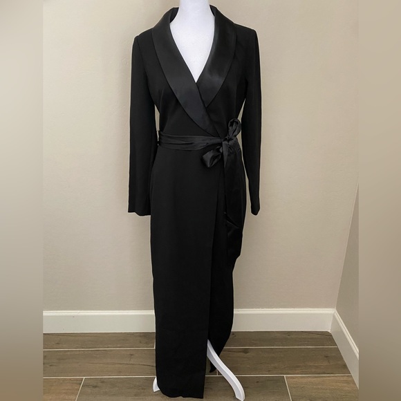 NEW Eliza J Long Sleeve Black Satin Collar Tuxedo Gown Dress Size 6 - Picture 4 of 8